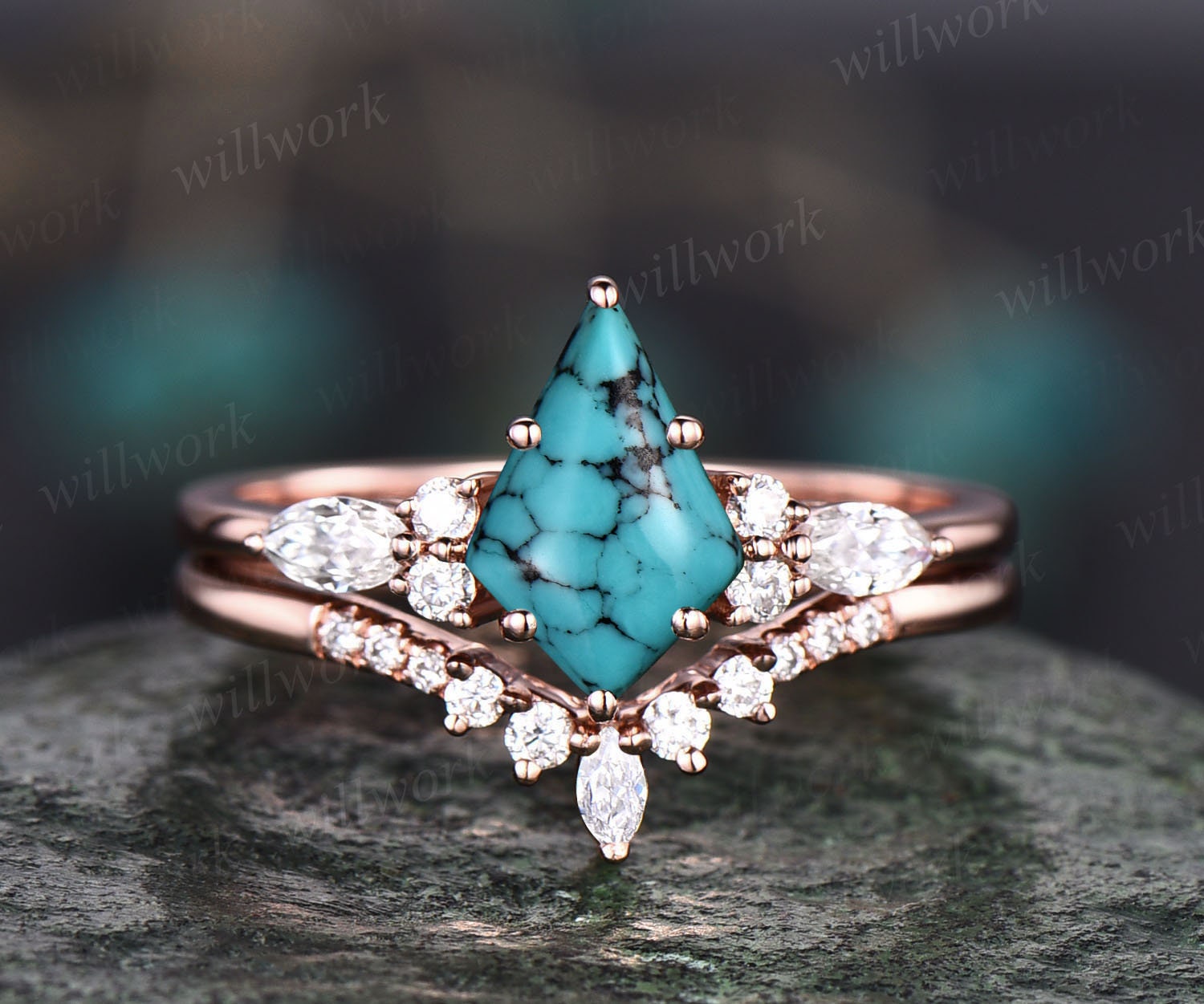 Turquoise engagement sale ring set