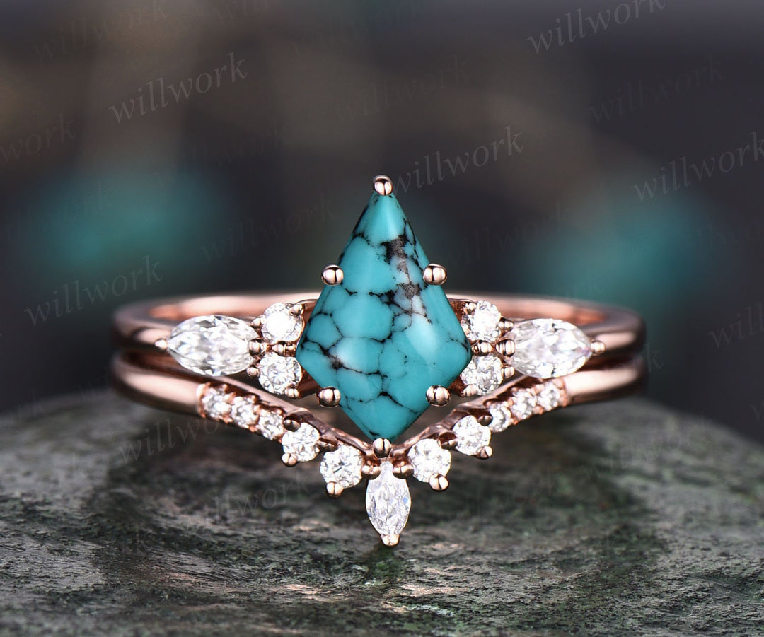 Vintage kite cut natural Turquoise engagement ring set 14k rose gold marquise cut diamond ring for women unique bridal wedding ring set gift