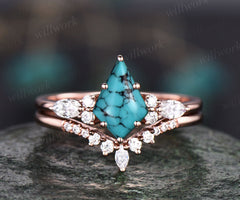 Vintage kite cut natural Turquoise engagement ring set 14k rose gold marquise cut diamond ring for women unique bridal wedding ring set gift