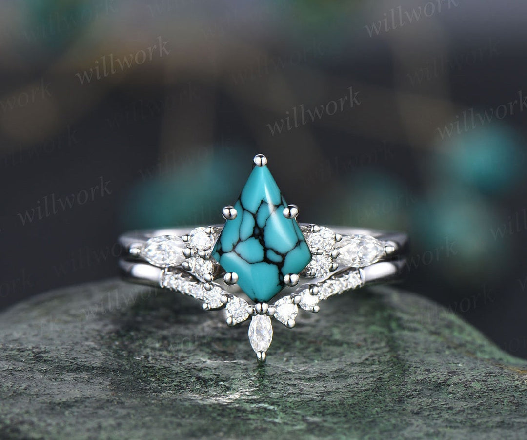 Vintage kite cut natural Turquoise engagement ring set 14k rose gold marquise cut diamond ring for women unique bridal wedding ring set gift
