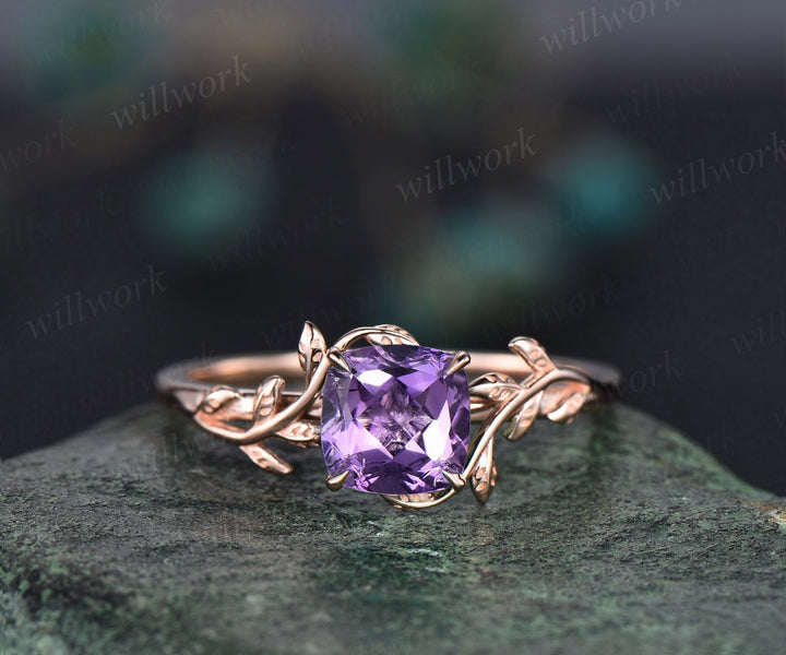 Cushion cut purple amethyst ring vintage unique nature inspired engagement ring leaf 14k rose gold ring art deco bridal wedding ring women
