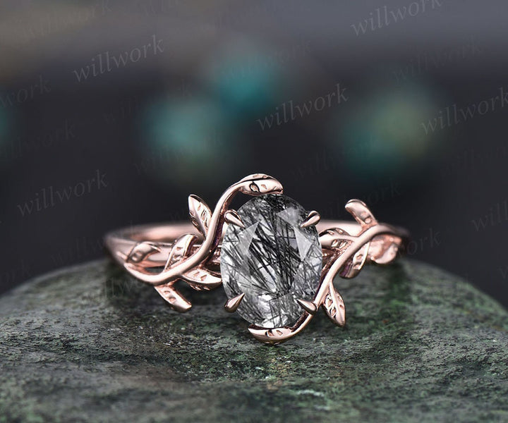 Oval cut black Rutilated Quartz ring nature inspired engagement ring leaf 14k rose gold silver solitaire ring vintage wedding ring women