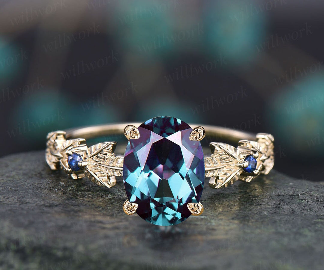 Oval cut Alexandrite ring gold vintage unique engagement ring Nature inspired leaf twig ring sapphire ring women wedding promise ring silver