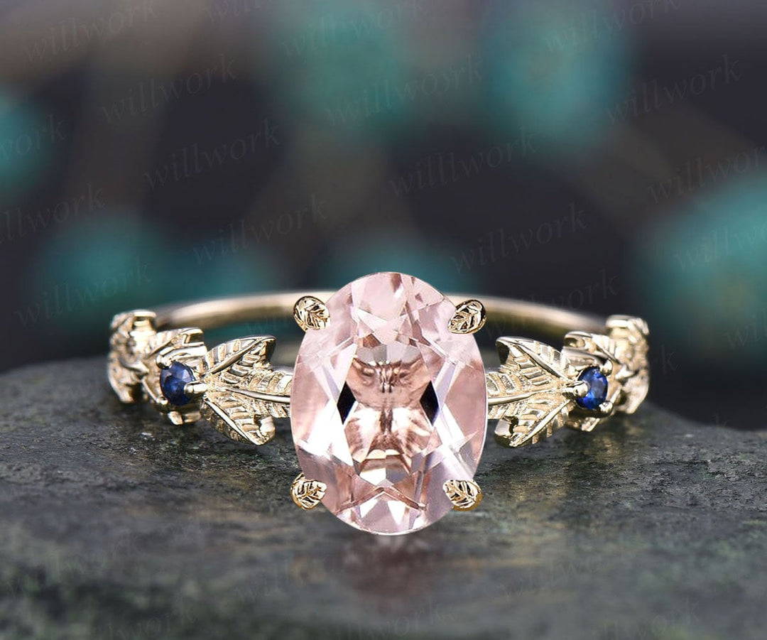 Oval cut Morganite ring gold vintage unique engagement ring Nature inspired leaf twig ring sapphire ring women wedding promise ring silver