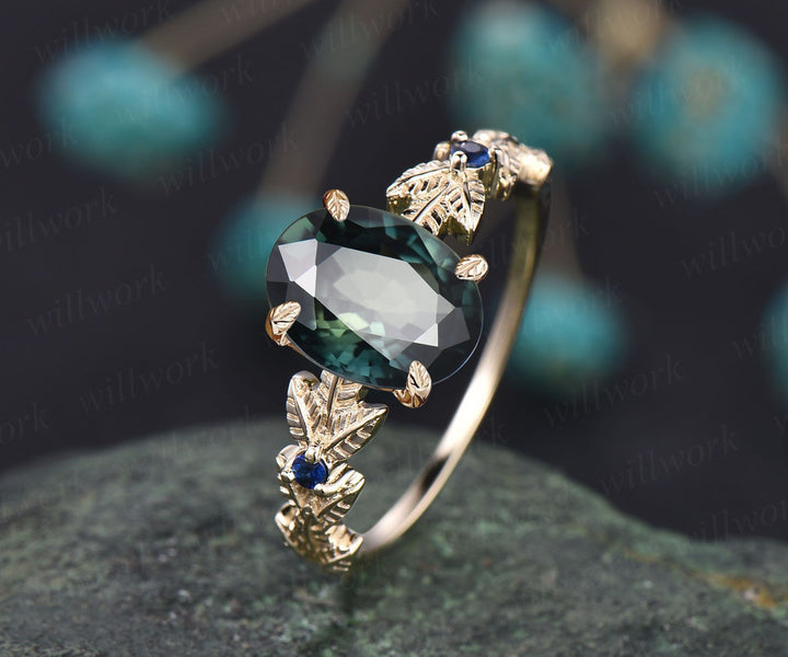 Oval cut teal green sapphire engagement ring 14k yellow gold Nature inspired leaf twig ring blue sapphire promise wedding ring for women