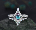 Kite cut alexandrite engagement ring set art deco 14k white gold halo marquise cut opal ring set twisted moissanite bridal ring set women