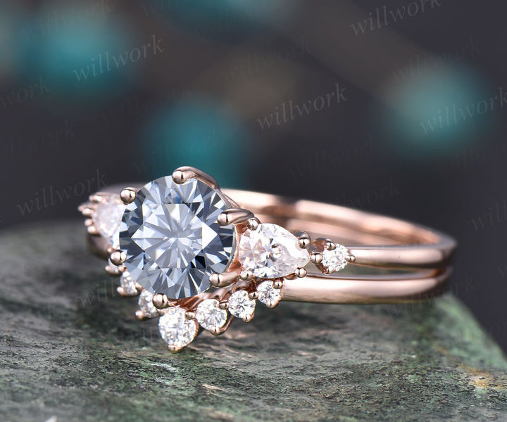 Round cut gray moissanite ring rose gold vintage unique engagement ring set five stone stacking promise bridal wedding ring set for women
