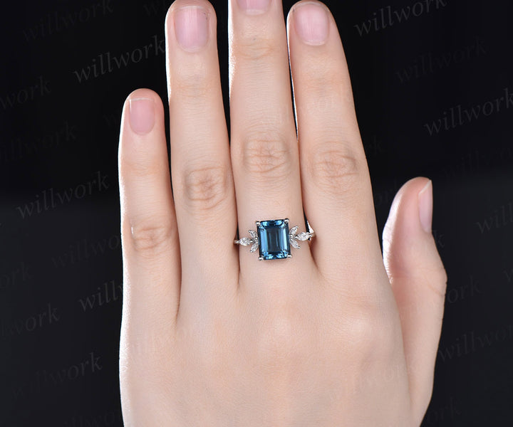 4ct Emerald cut London blue topaz engagement ring 14k white gold marquise cut diamond ring women unique anniversary wedding promise ring