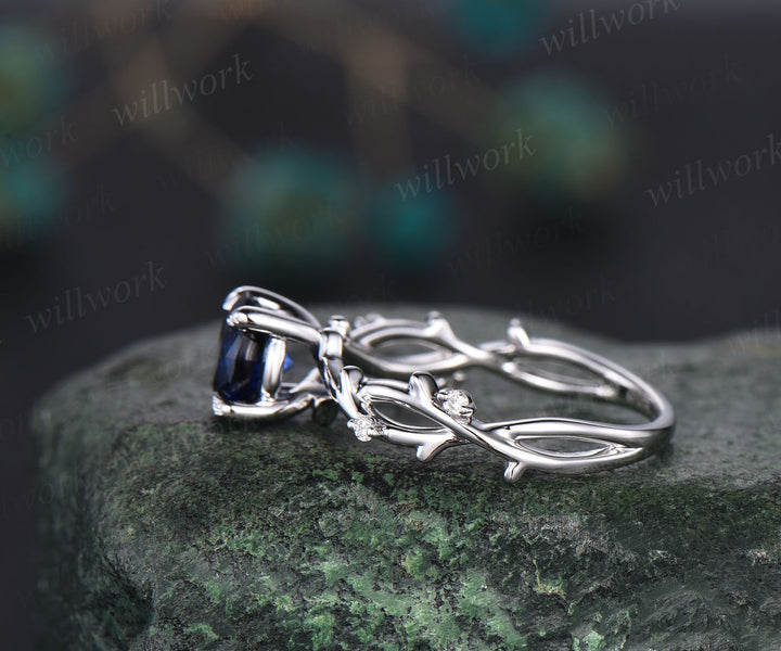Round cut blue sapphire ring white gold vintage leaf unique engagement ring five stone infinity twisted diamond bridal wedding ring women