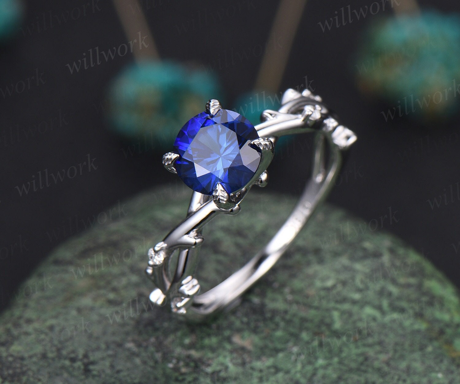 Round cut blue sapphire ring white gold vintage leaf unique