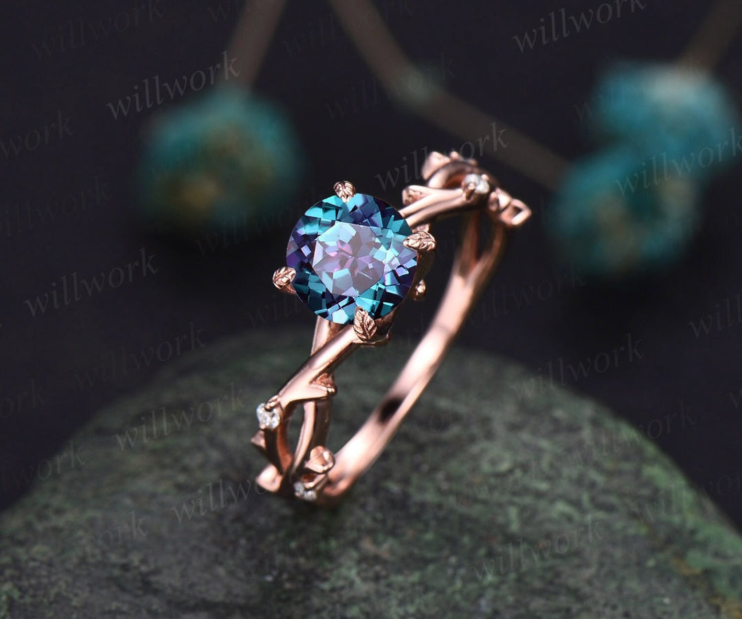 Twig round cut Alexandrite engagement ring rose gold five stone leaf Nature inspired infinity diamond anniversary wedding ring women gift