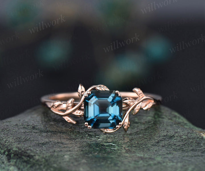 Twig Asscher cut London blue topaz engagement ring 14k rose gold leaf branch Nature inspired solitaire wedding anniversary ring women gift