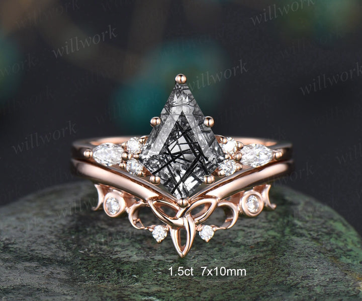 7x10mm kite cut black rutilated quartz engagement ring set art deco 6 prong moissanite ring set unique bridal wedding ring set for women