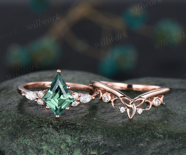 7x10mm kite cut green sapphire engagement ring set rose gold teal sapphire ring marquise moissanite ring unique wedding ring set for women