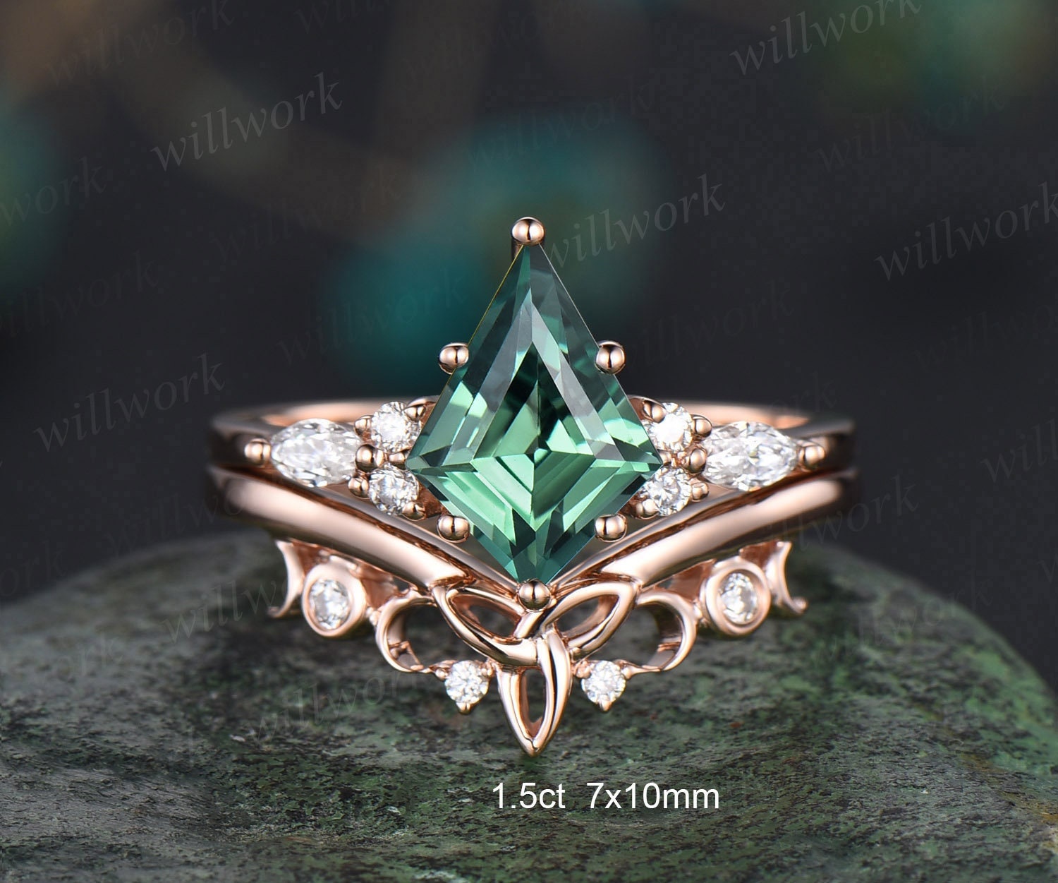 7x10mm kite cut green sapphire popular engagement ring set rose gold teal sapphire ring marquise moissanite ring unique wedding ring set for women