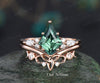 7x10mm kite cut green sapphire engagement ring set rose gold teal sapphire ring marquise moissanite ring unique wedding ring set for women