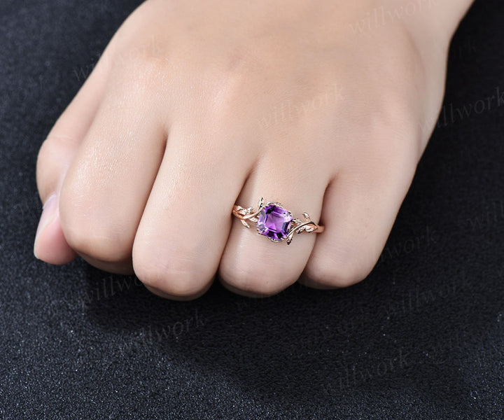 Twig Asscher cut purple Amethyst engagement ring 14k rose gold leaf branch Nature inspired solitaire promise wedding anniversary ring women