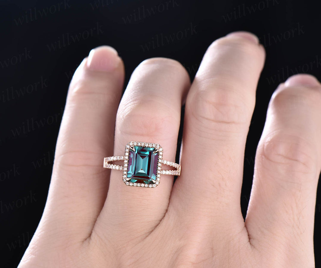 Vintage emerald cut Alexandrite engagement ring 14k rose gold half eternity halo split shank diamond ring for women promise bridal ring gift