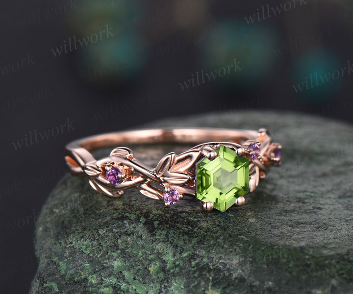 Twig Peridot ring vintage hexagon cut Peridot engagement ring rose gold leaf amethyst ring August birthstone ring anniversary ring for women