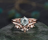 Unique hexagon cut green moss agate engagement ring set 14k rose gold solitaire Norse Viking ring Jewelry vintage wedding ring set for women