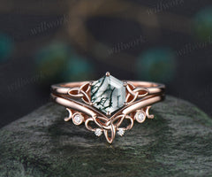Unique hexagon cut green moss agate engagement ring set 14k rose gold solitaire Norse Viking ring Jewelry vintage wedding ring set for women