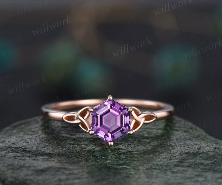 Unique hexagon cut purple Amethyst engagement ring set 14k rose gold solitaire Norse Viking ring Jewelry vintage wedding ring set for women