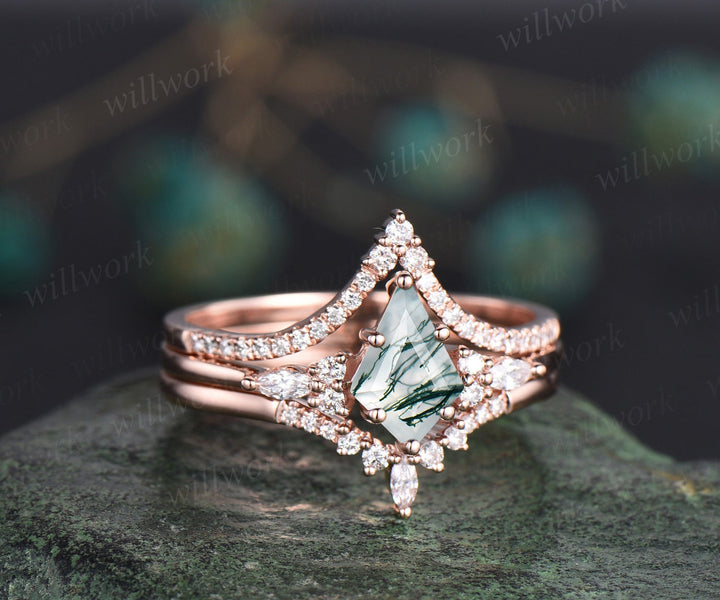 3pcs kite cut moss agate engagement ring set 14k rose gold art deco unique wedding bridal ring set moissanite ring for women fine jewelry