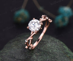1ct twig round cut moissanite engagement ring 14k rose gold five stone leaf branches diamond ring women unique anniversary ring gift for her