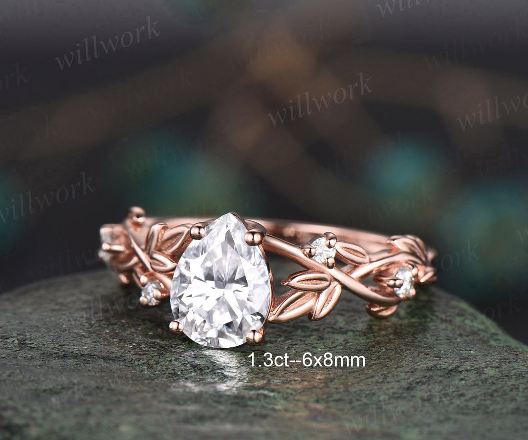 Twig pear shaped Moissanite engagement ring set rose gold five stone leaf branch Nature inspired ring diamond wedding ring set women jewelry