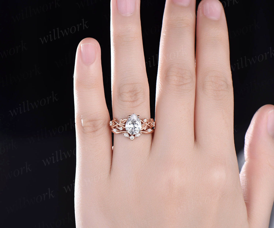 Twig pear shaped Moissanite engagement ring set rose gold five stone leaf branch Nature inspired ring diamond wedding ring set women jewelry