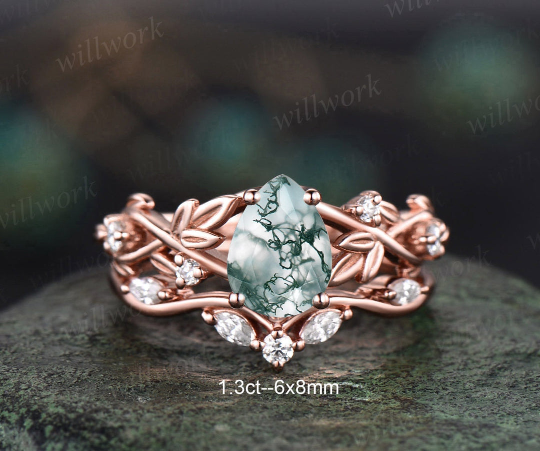 Twig pear shaped moss agate engagement ring set rose gold five stone leaf branch Nature inspired ring diamond wedding ring set women jewelry