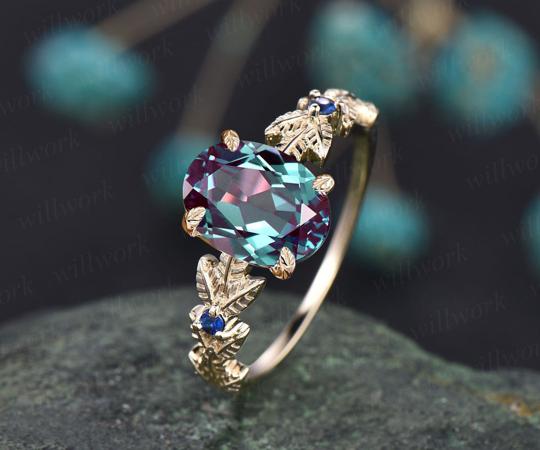Oval cut Alexandrite ring gold vintage unique engagement ring Nature inspired leaf twig ring sapphire ring women wedding promise ring silver