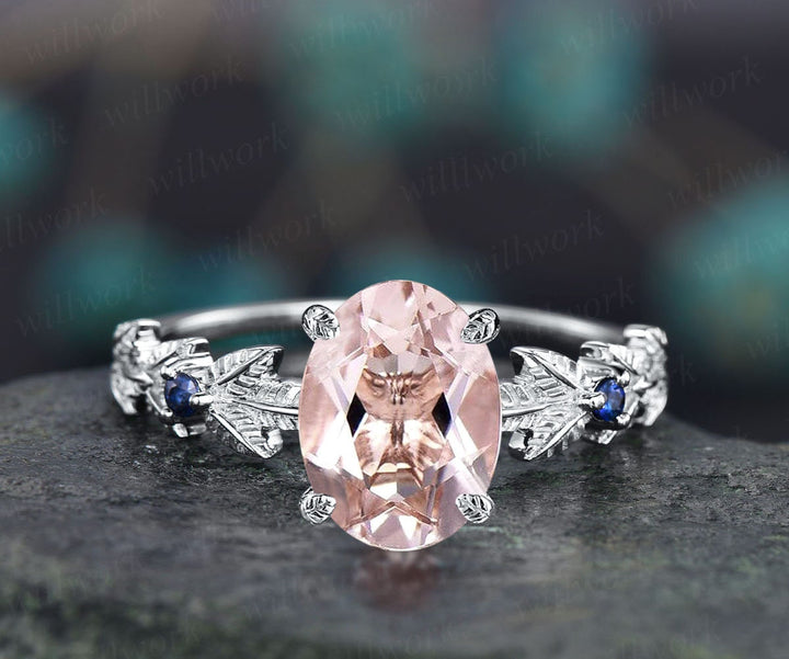 Oval cut Morganite ring gold vintage unique engagement ring Nature inspired leaf twig ring sapphire ring women wedding promise ring silver