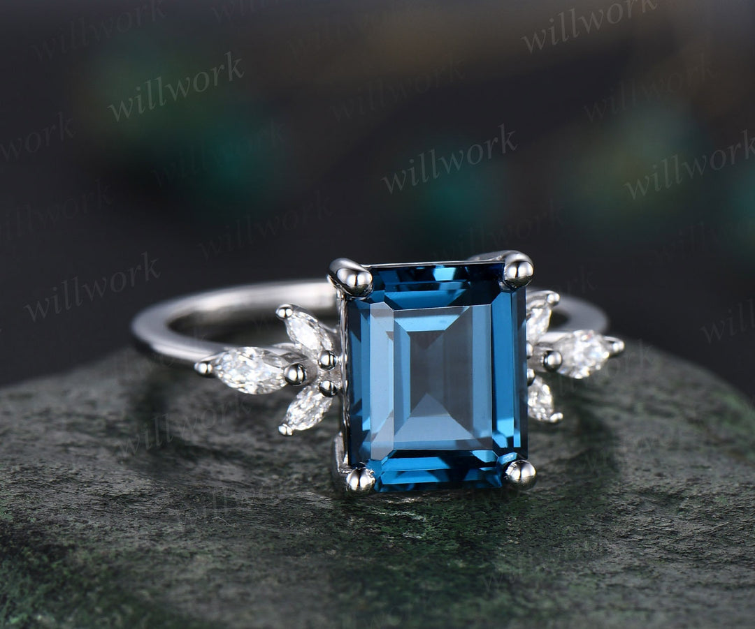 4ct Emerald cut London blue topaz engagement ring 14k white gold marquise cut diamond ring women unique anniversary wedding promise ring