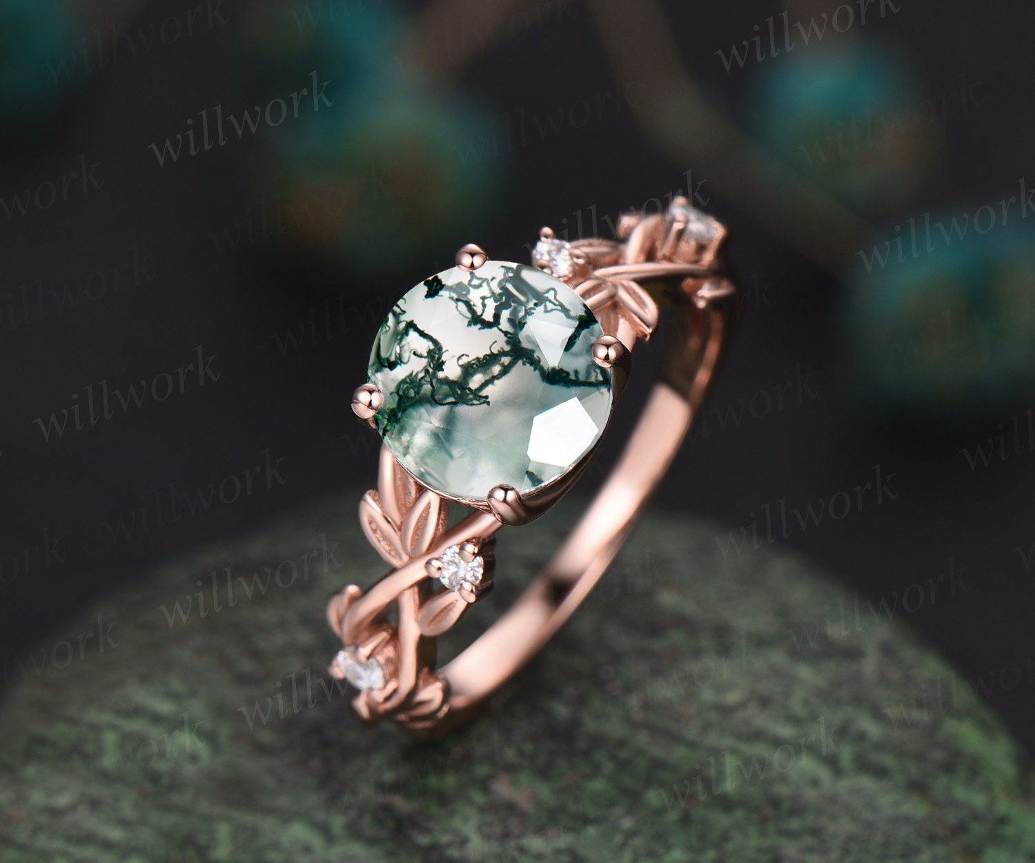 Round moss agate ring set vintage moss agate engagement ring set rose gold moissanite ring set 2024 three stone ring bridal ring set for women