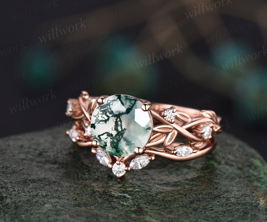 2ct Twig round cut green moss agate engagement ring set 14k rose gold five stone leaf branch Nature inspired diamond wedding ring set women