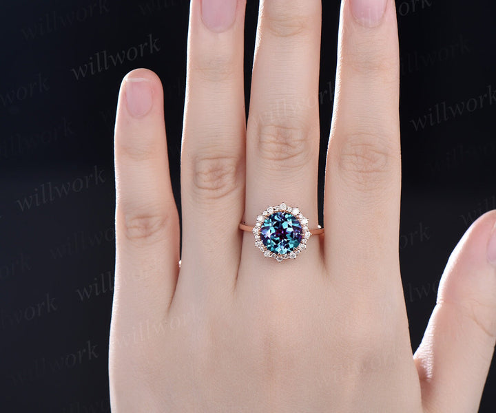 4ct round cut Alexandrite engagement ring solid 14k rose gold snowdrift halo diamond promise anniversary wedding ring for women fine jewelry