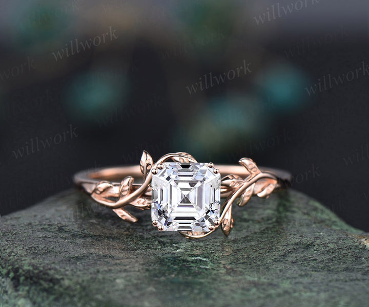Twig Asscher cut Moissanite engagement ring solid 14k rose gold leaf branch Nature inspired solitaire wedding anniversary ring women gift