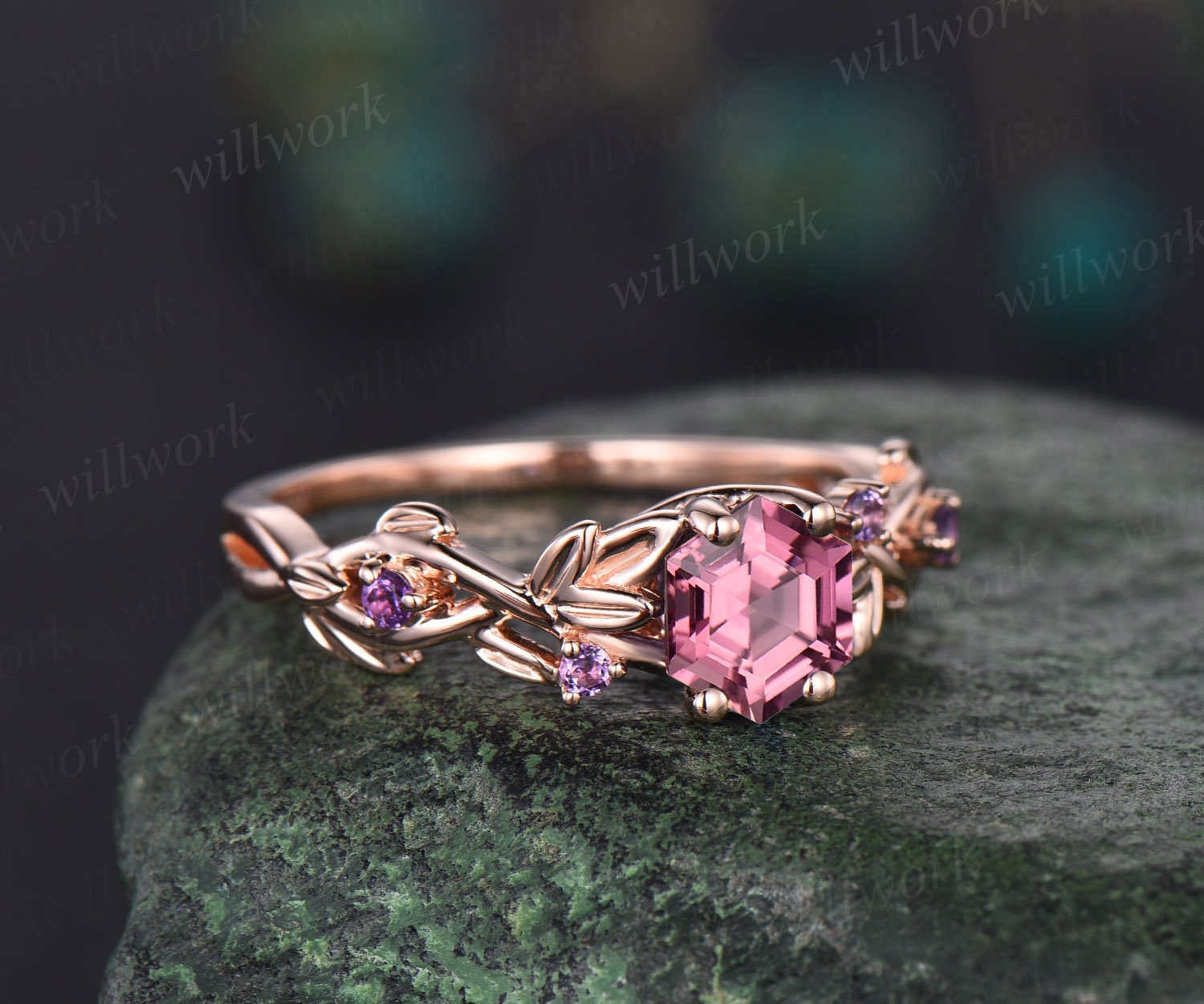 Vintage Hexagon cut amethyst engagement ring rose gold silver marquise diamond Pink Tourmaline hot ring cluster leaf unique wedding ring women