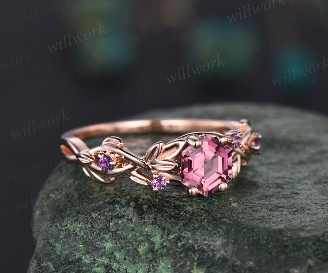Twig hexagon cut Pink Tourmaline engagement ring women 14k white gold leaf branch nature inspired diamond ring unique wedding ring jewelry