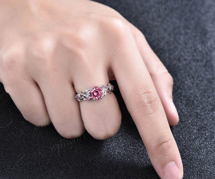 Twig hexagon cut Pink Tourmaline engagement ring women 14k white gold leaf branch nature inspired diamond ring unique wedding ring jewelry