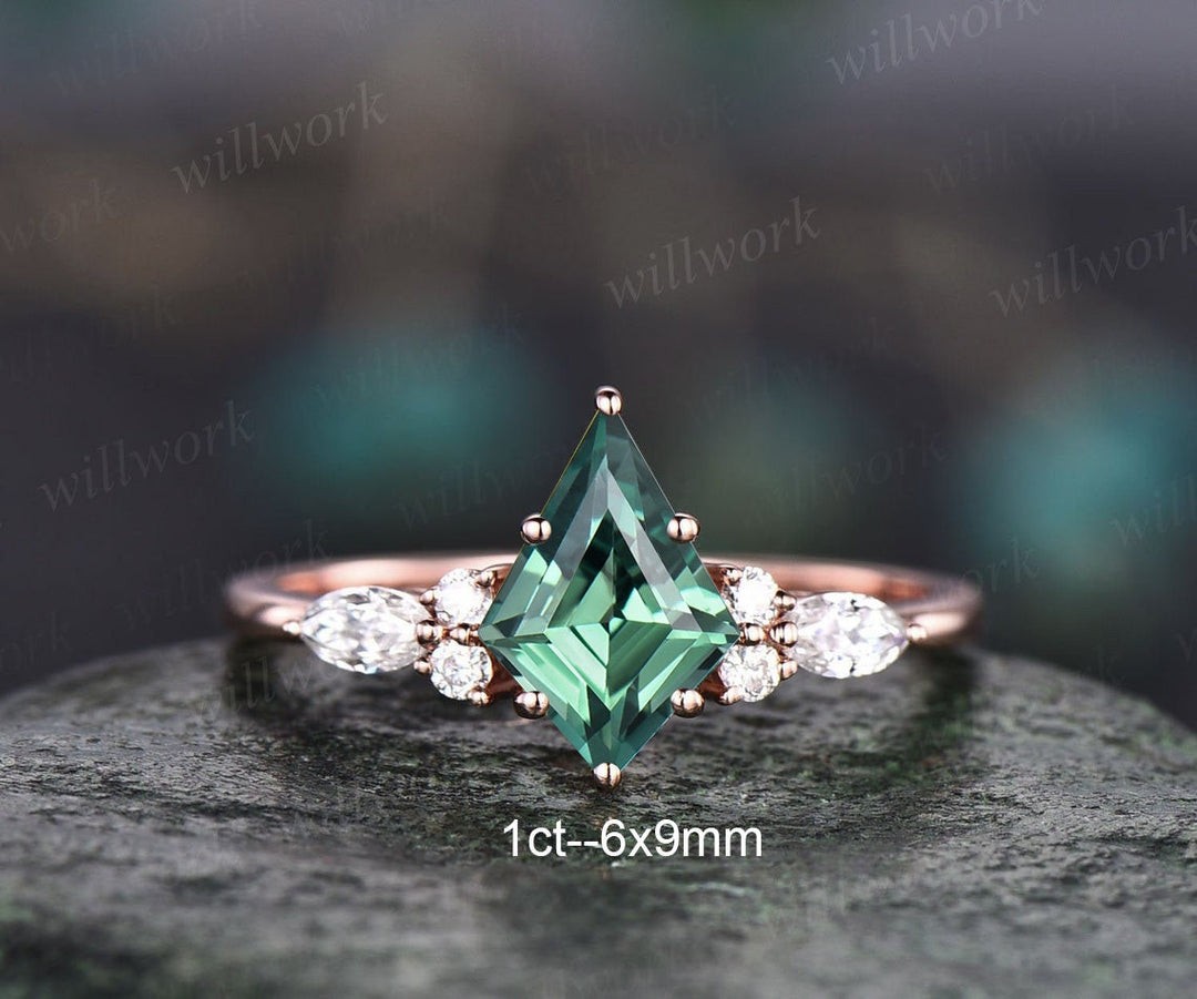7x10mm kite cut green sapphire engagement ring set rose gold teal sapphire ring marquise moissanite ring unique wedding ring set for women