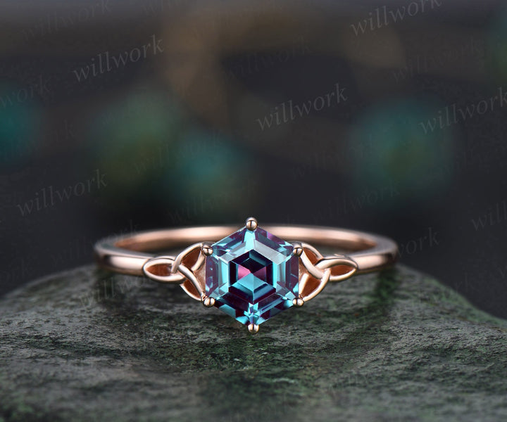 Vintage hexagon cut alexandrite engagement ring set for women Norse Viking rose gold ring unique moissanite anniversary ring set for women