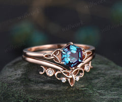 Vintage celtic knot hexagon cut alexandrite engagement ring set