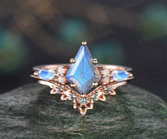 Kite cut blue Labradorite ring vintage rose gold unique engagement ring set marquise cut moonstone ring alexandrite opal ring for women gift