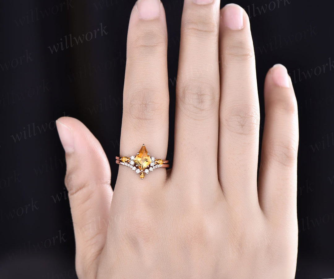 Kite cut yellow Citrine ring vintage rose gold unique engagement ring set art deco crystal ring diamond anniversary ring set for women gift