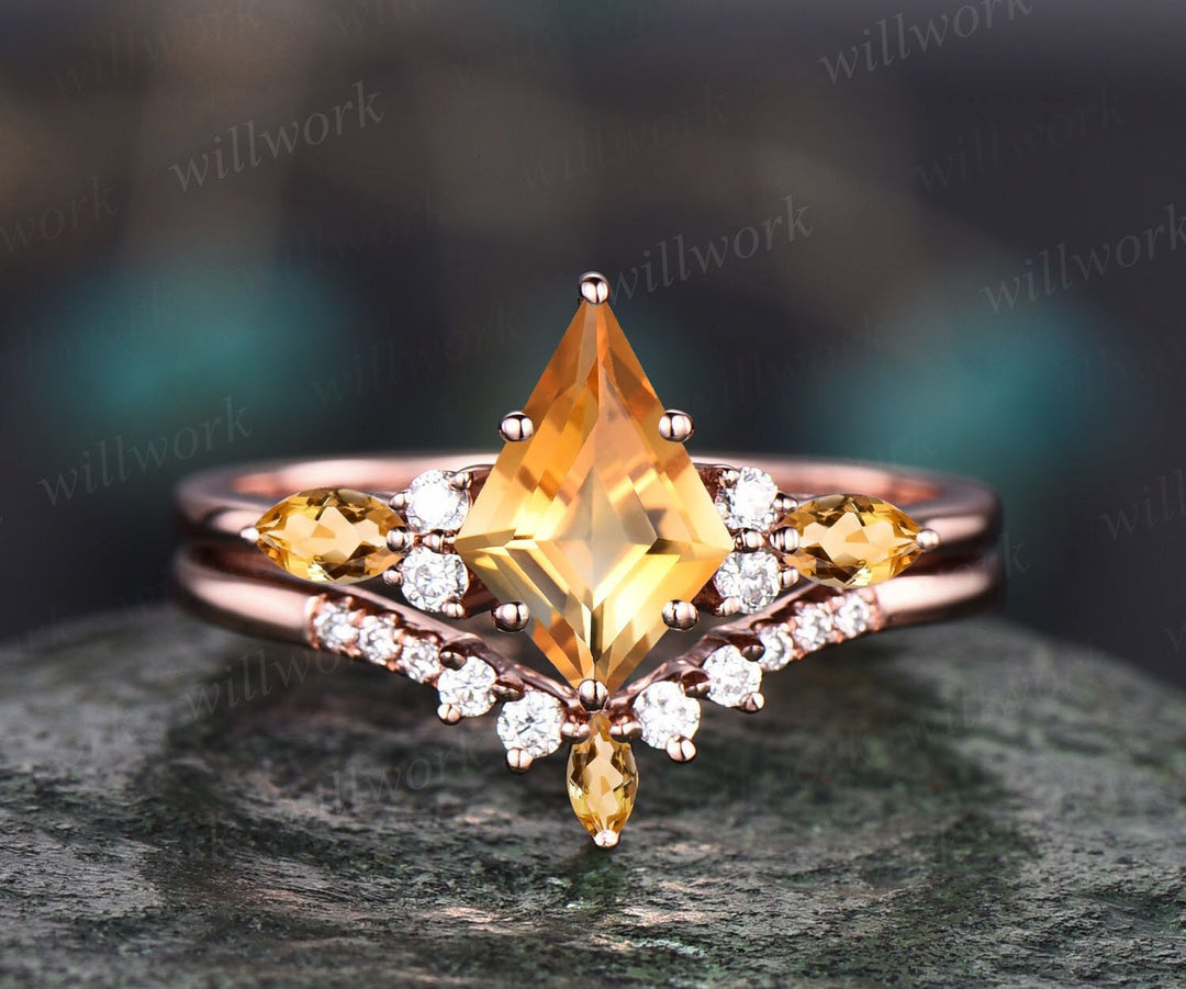 Kite cut yellow Citrine ring vintage rose gold unique engagement ring set art deco crystal ring diamond anniversary ring set for women gift