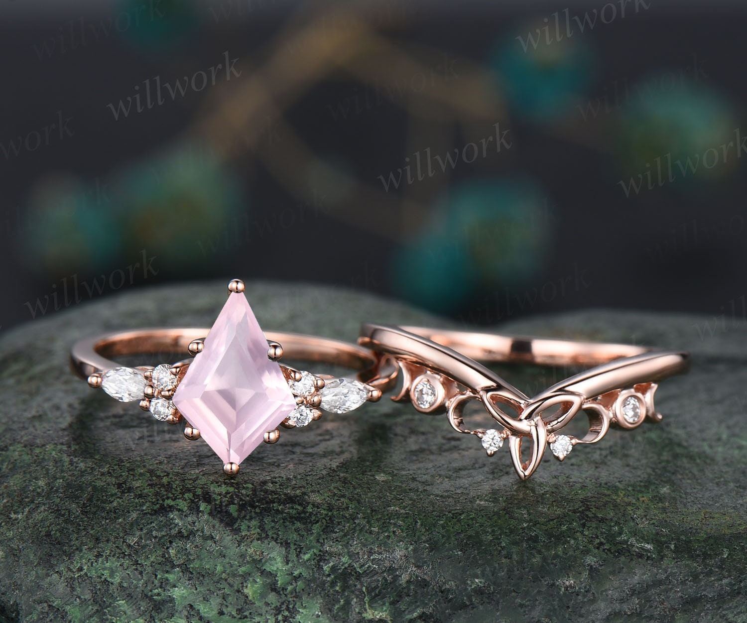 14k rose gold diamond pearl vine and leaf engagement set AP112S |  AnjaysDesigns.com