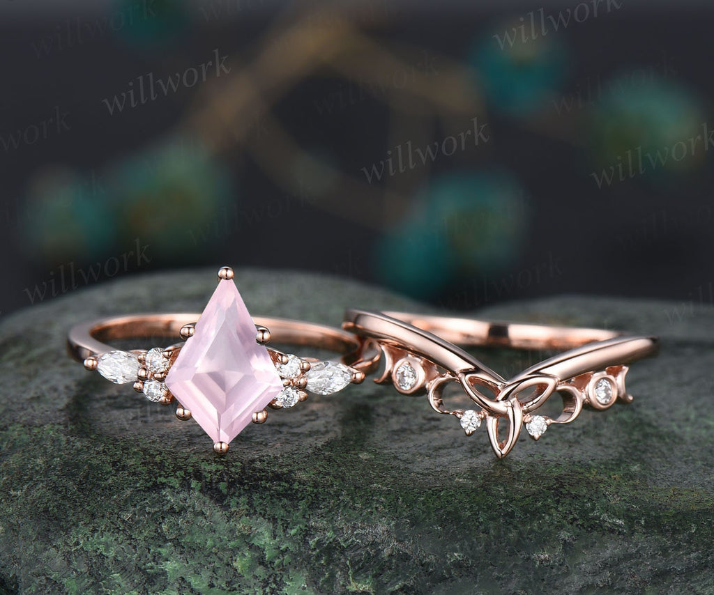 Kite cut celtic knot rose quartz ring rose gold unique engagement
