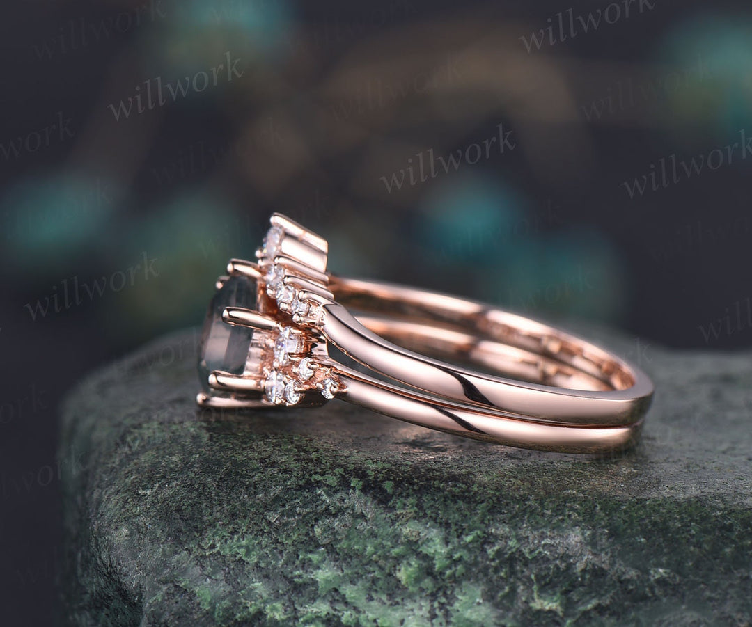 Hexagon cut natural pink tourmaline ring rose gold unique engagement ring set women snowdrift diamond ring 6 prong bridal wedding ring set